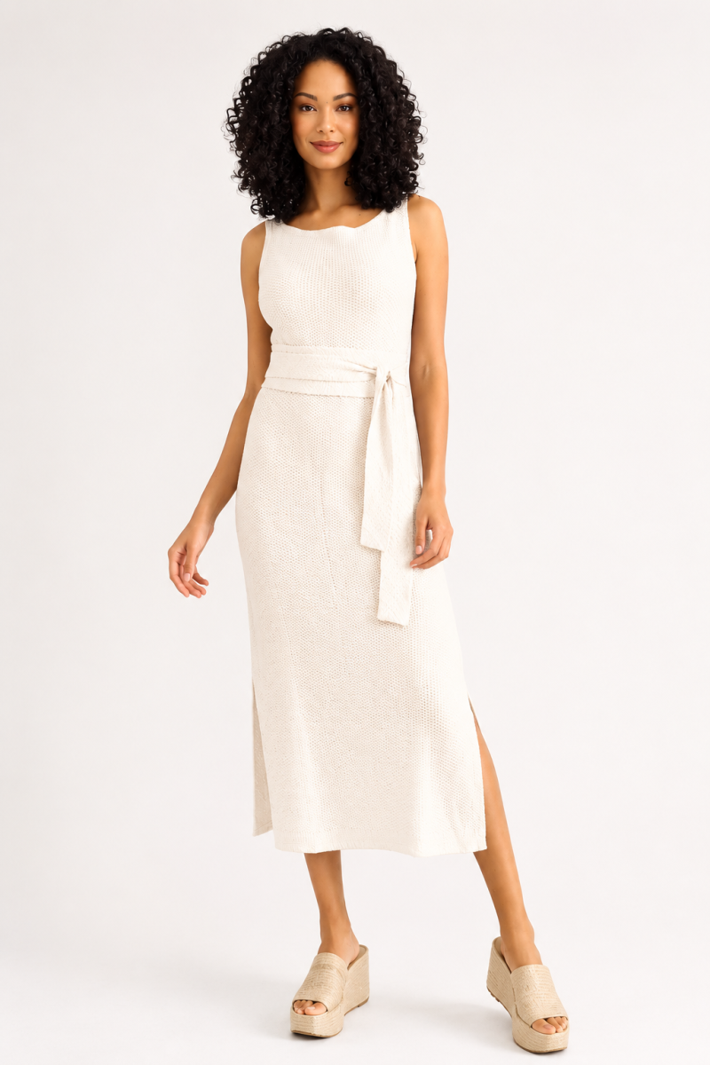 Vestido YANA con cinturón tejido en 100% algodón pima